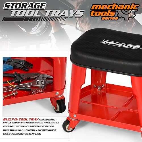 Miniatura 4 de M-AUTO Asiento de trabajo rodante de garaje resistente, taburete mecánico de capacidad de 300 libras con ruedas, asiento de trabajo rodante con