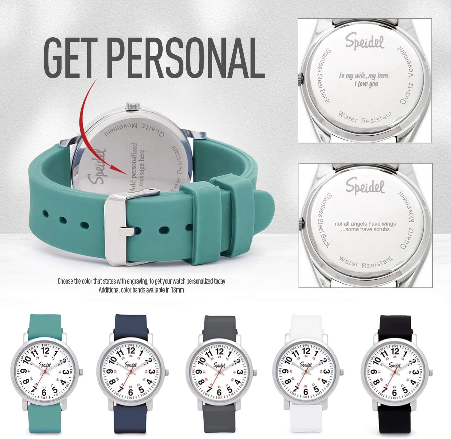 Speidel Original Scrub Watch™ Nurses Doctors Medical Professionals Students Men Women Unisex Easy Read Dial Military Time Red Second Hand Silicone Band Water Resistant ENGRAVABLE Black