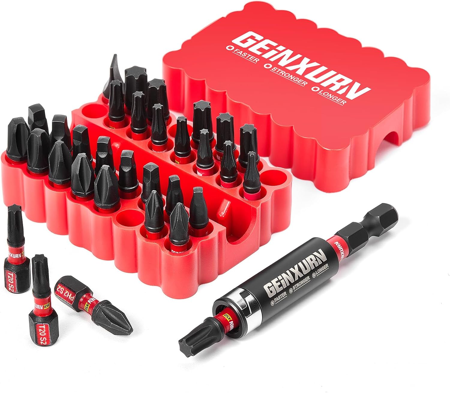 Impact Screwdriver Bits Set, 33 Pieces 1”Multi Head Magnetic S2 Steel Driver Bits PH/SQ/Torx/Slotted With Red Soft Base