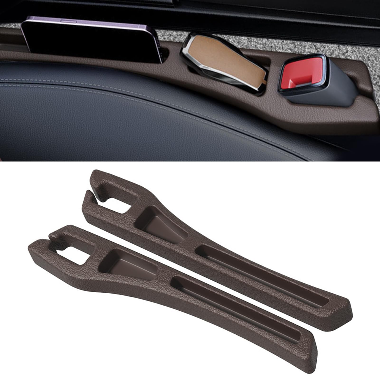 Photo 1 of Piburth 2PCS Car Seat Gap Filler Organizer, Multifunctional Car Gap Filler Organizer Storages Function for Storing Phones Keys Cards, Universal No Drop Seat Guard for Cars ? (Brown)
