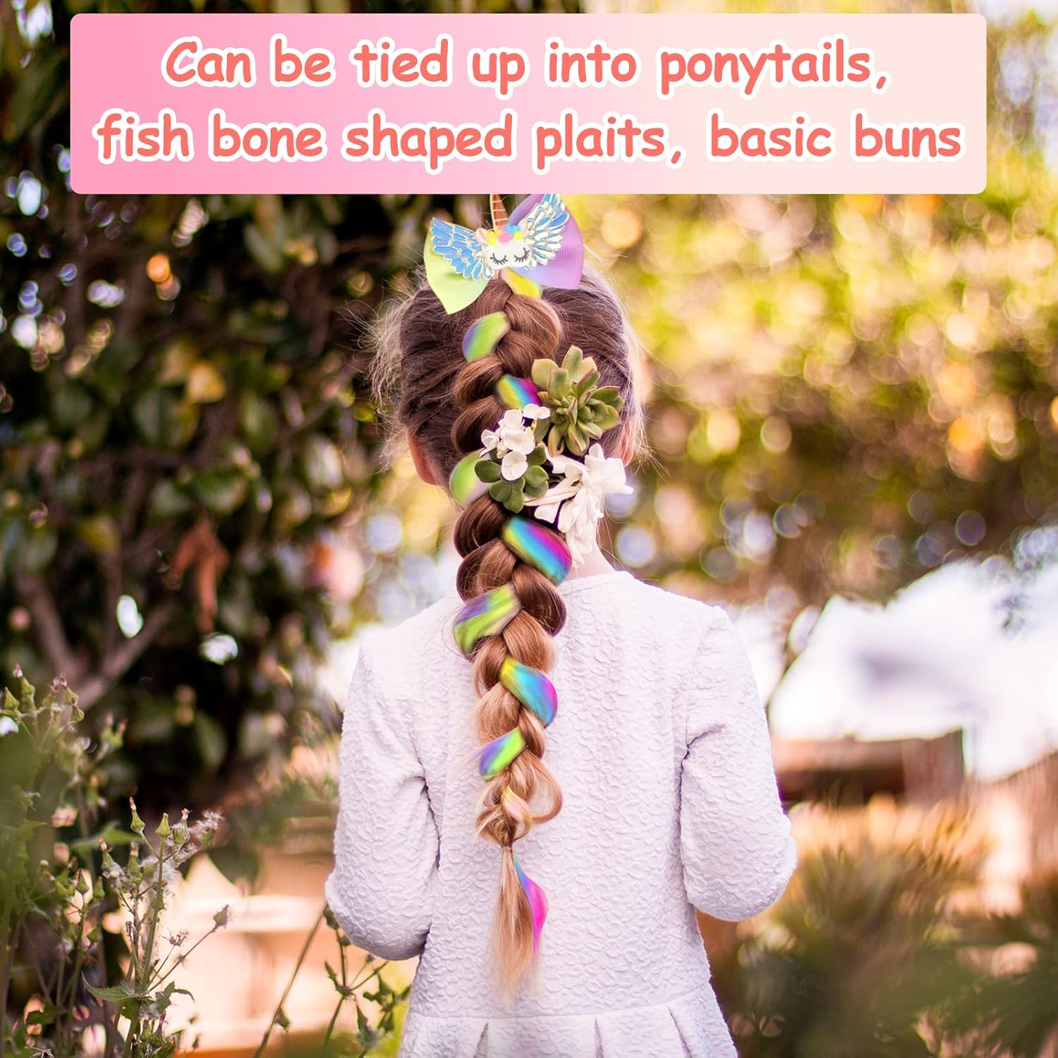 JIUAI Girls Hair Clips,6pcs Coloured Hair Extension clips,Little Girls Extension Hair,Unicorn/Rainbow/Shiny Star/Shiny Cloud Hair Clips,16 inch Rainbow Hair Extension for Girl Ponytail - Image 3