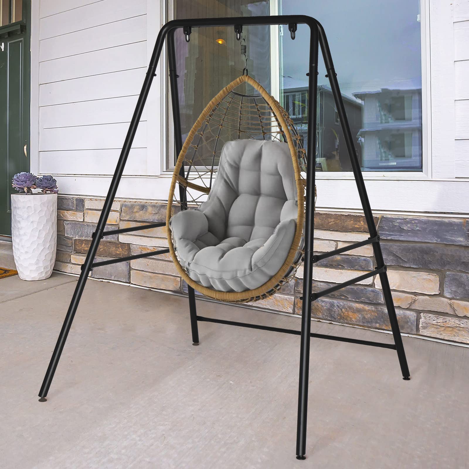 LEADZM Estructura de hamaca – Diseño de doble travesaño, estable, estructura de 4 patas con 3 anillas para 200 kg, resistente y segura, para interior o exterior