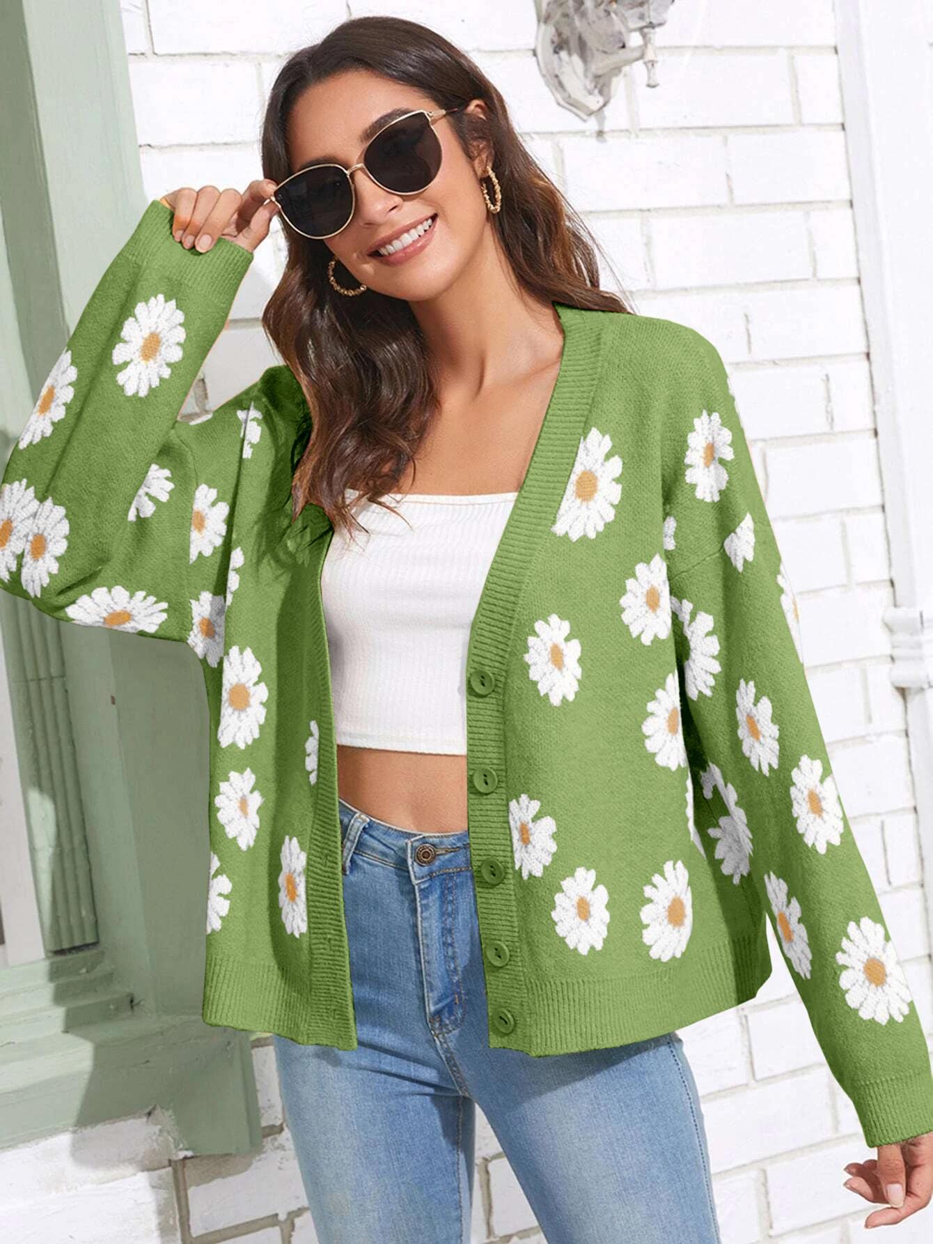 Women's Floral Print Cardigan Long Sleeve Open Front Button Down V Neck Knitted Sweaters