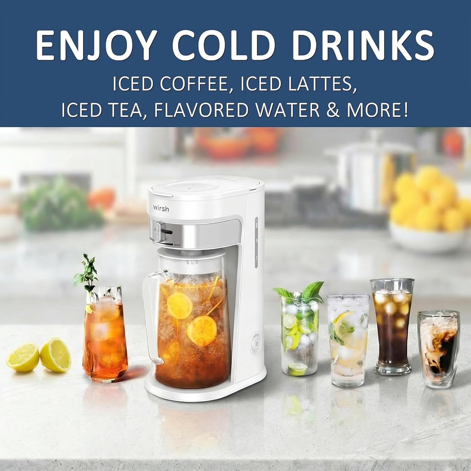 wirsh Iced Tea Maker with 3QT Pitcher, Iced Coffee Maker with Strength Control and Reusable Filter, Perfect For Iced Coffee, Latte, Tea, Lemonade, Flavored Water,White