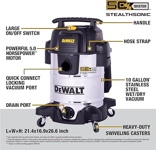 Miniatura 2 de DEWALT Aspiradora Stealthsonic de 10 galones en húmedo y seco, aspiradora de acero inoxidable resistente de 5 HP, ultra silenciosa con kit completo