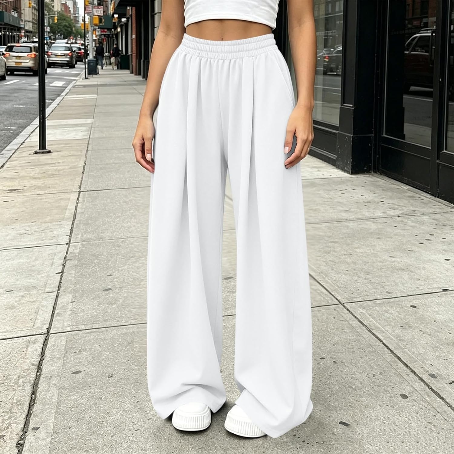 Women's Baggy High Waisted Wide Leg Sweatpants Front Pleated Pant | Oversized Loose Casual Lounge Trousers Elastic Waist Palazzo Trousers Comfy Full Length Pants with Pockets