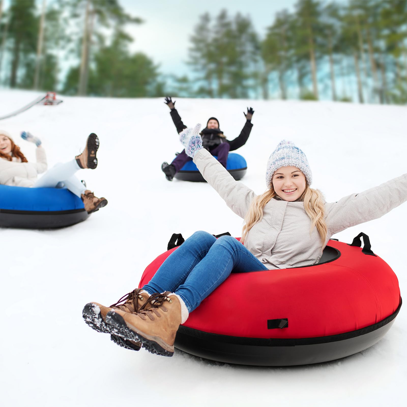 COSTWAY Trineo de Nieve Inflable φ100 cm, Tubo de Nieve para Niños y Adultos con Fondo Duro