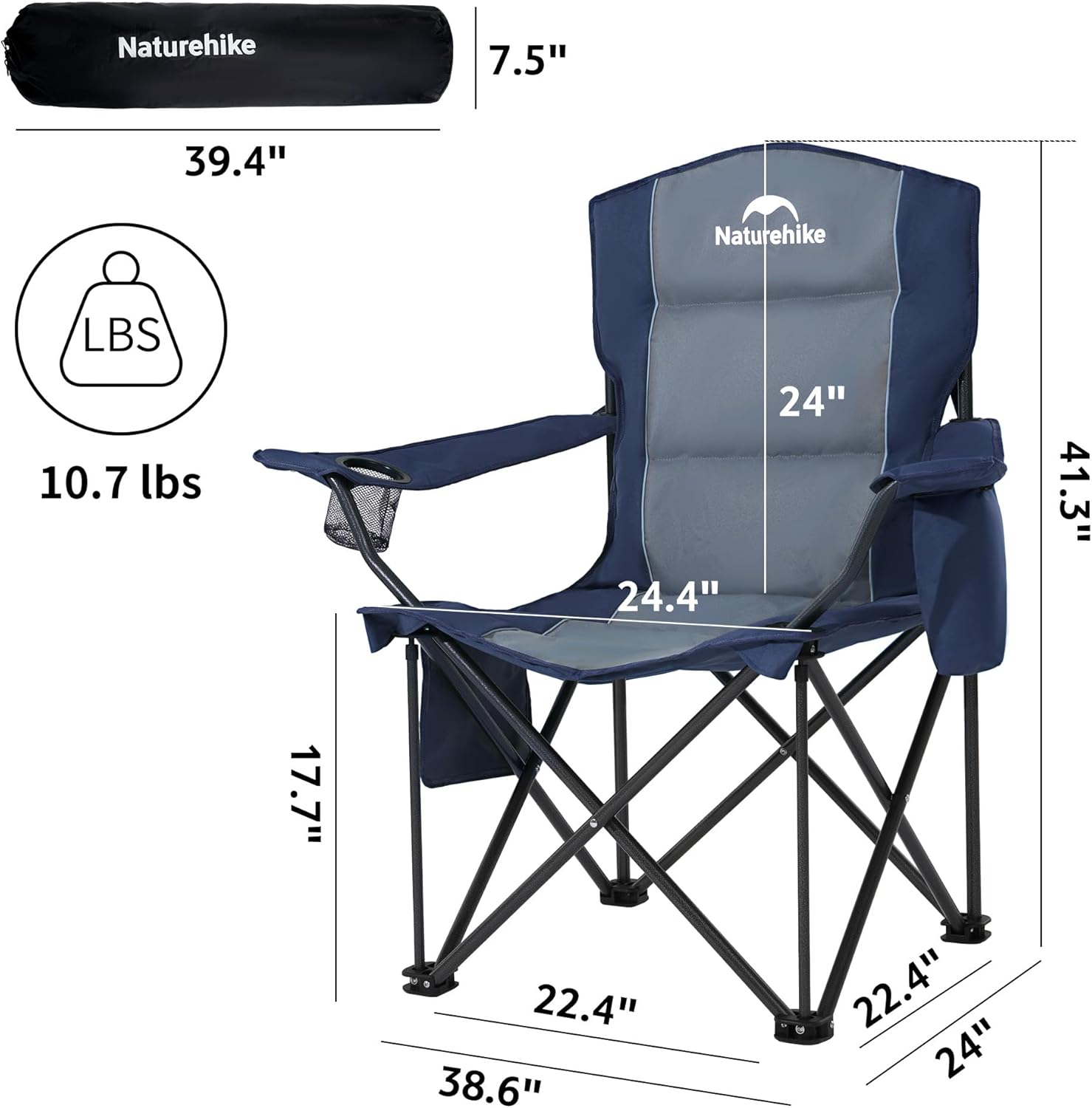 Naturehike ComfortMax Oversized Camping Chair with Cooler Bag, Heavy Duty Lawn Chair Support 450 LBS, Portable Padded Outdoor Folding Chair, 2 Pack