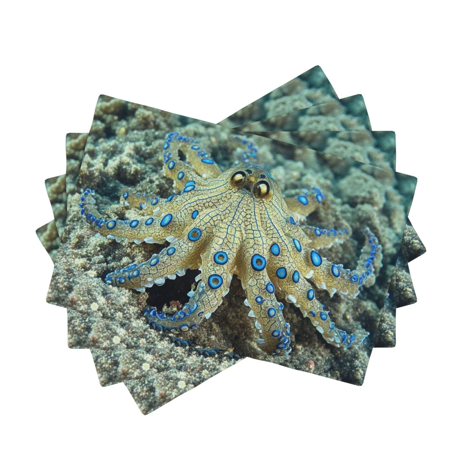 Placemats Set of One Size Washable Wipeable Table Mats Heat Resistant Weave Place Mats Blue Ringed Octopus Placemats Wrinkle Free Place Mats for Dining Table Kitchen Decor