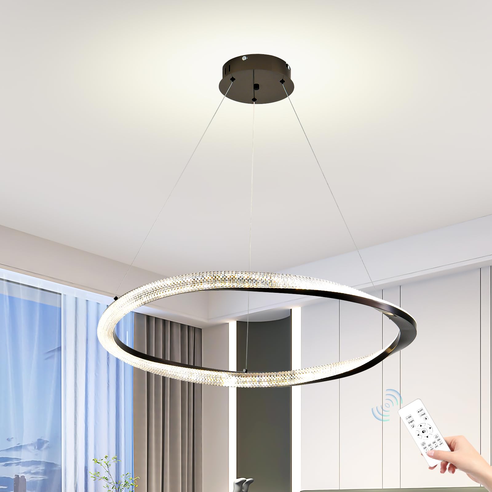 Lámpara de techo de cristal moderna con aro LED negro de 80 cm de diseño lujoso