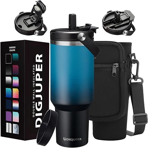 Taza de viaje de café aislada de 40 onzas - con pajita y tapa abatible, funda de silicona, bolsa con correa, mantiene frío 24H y caliente 12H,