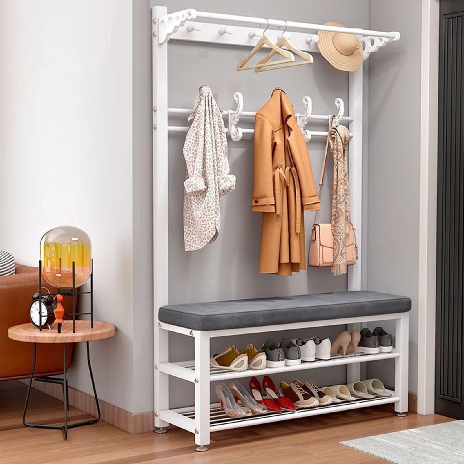 FGXHHS 4-in-1 Entryway Bench with Coat Rack & Shoe Storage, Hall Tree 8 Hooks, Stylish Black for Hallway, Adjustable Width 60-100cm, Modern Home nization