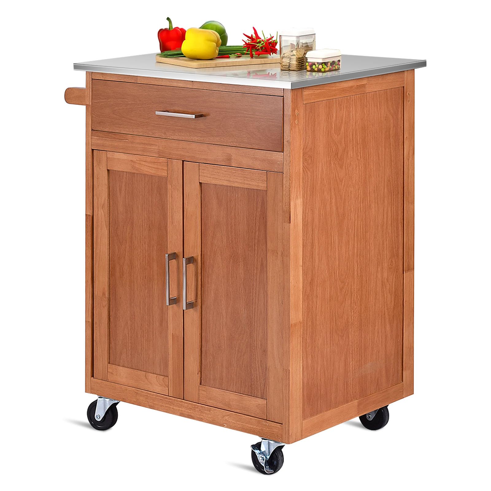 TANGZON Kitchen Storage Trolley on Wheels, Rubber Wood Rolling Kitchen Island with Cabinet, Stainless Steel Worktop, Drawer, Adjustable Shelf & Towel Rack, Dining Room Utility Serving Trolley Cart