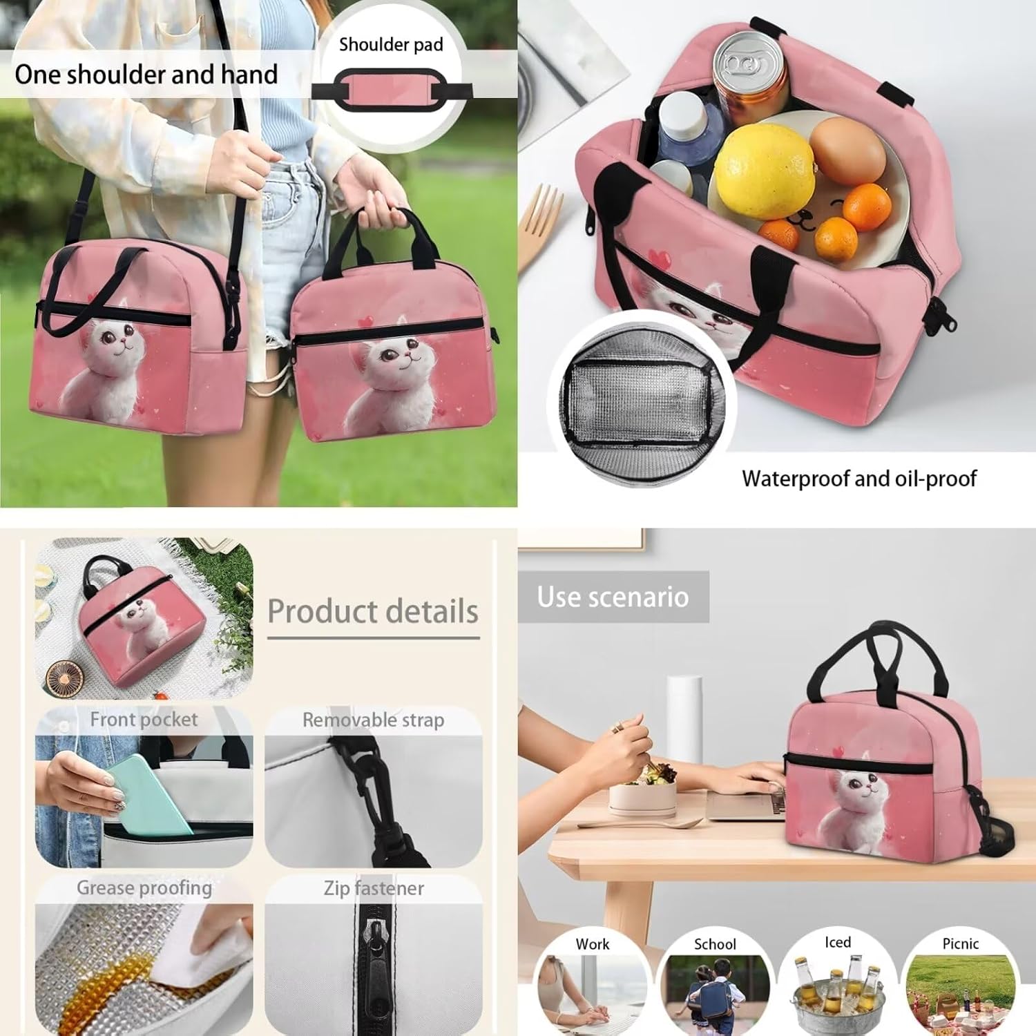 TOADDITDO Cat Cute Backpack for School 4th Grade 9-10 Girl 4-Piece School Bookbag Set with Lunch Box Pencil Case Water Bottle Holder Elementary School Large Schoolbag Kids Hiking Camping Backpacks