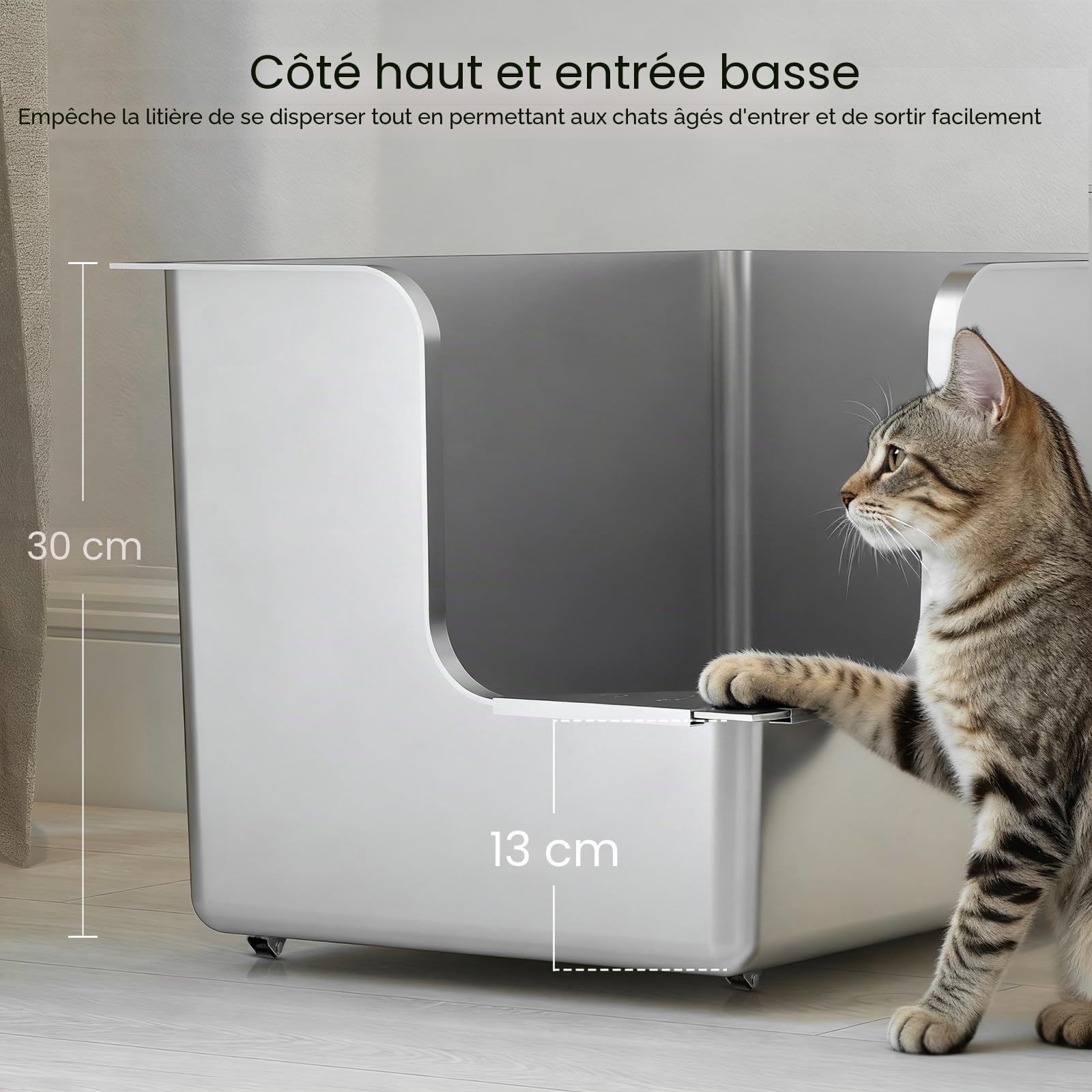 PTLOM Bac Litiere pour Chat en INOX,Bac a Litiere pour Chat 30cm,Coin D’entrée Bac à Litière Chat, sur roulettes, Facile à déplacer, Antiadhésif, sans Odeur, pour Chats Grands ou Multiples