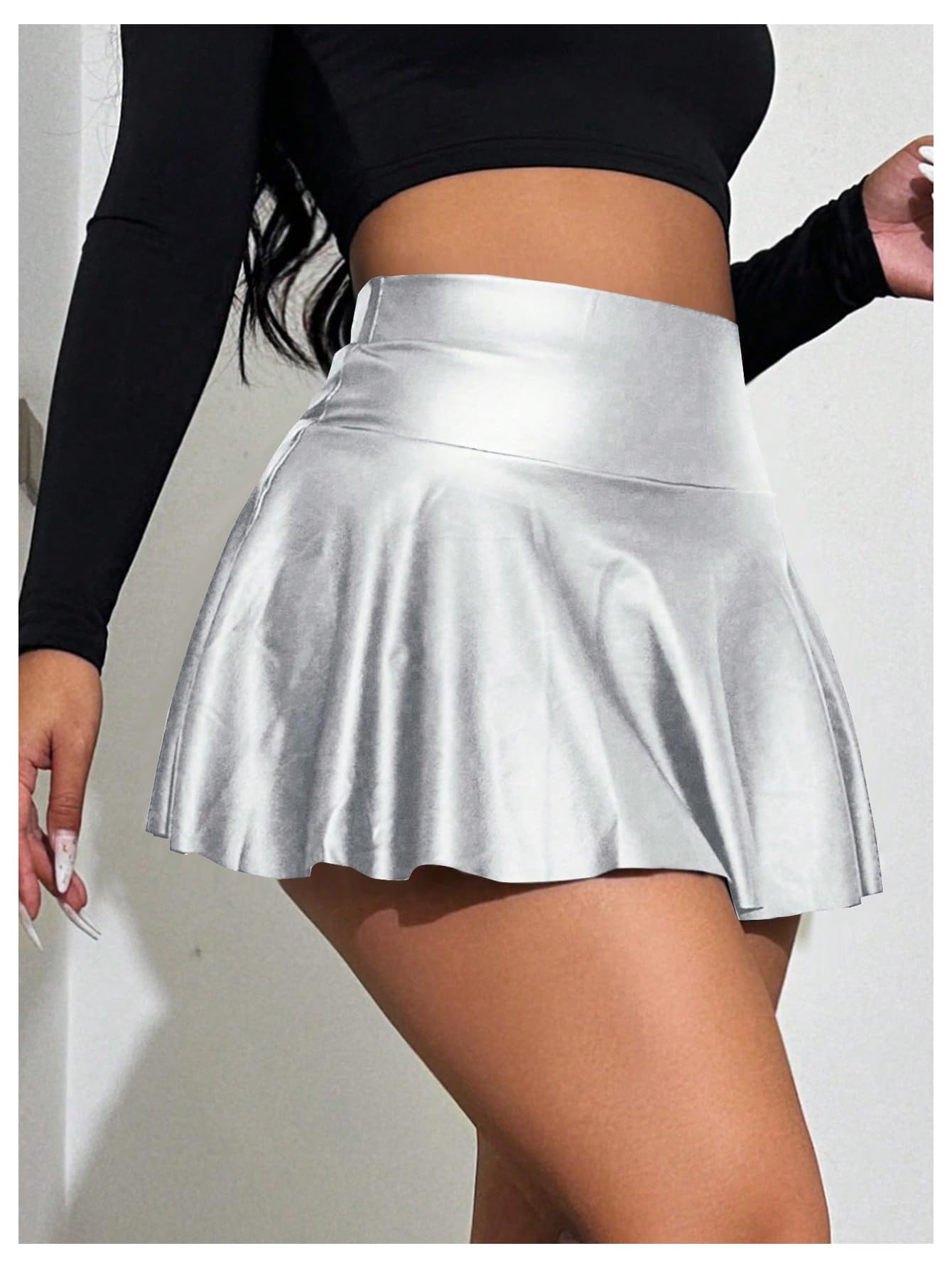 OYOANGLE Women's Pu Leather Elastic High Waist Skorts Ruffle Hem Casual Flared Skirt Shorts