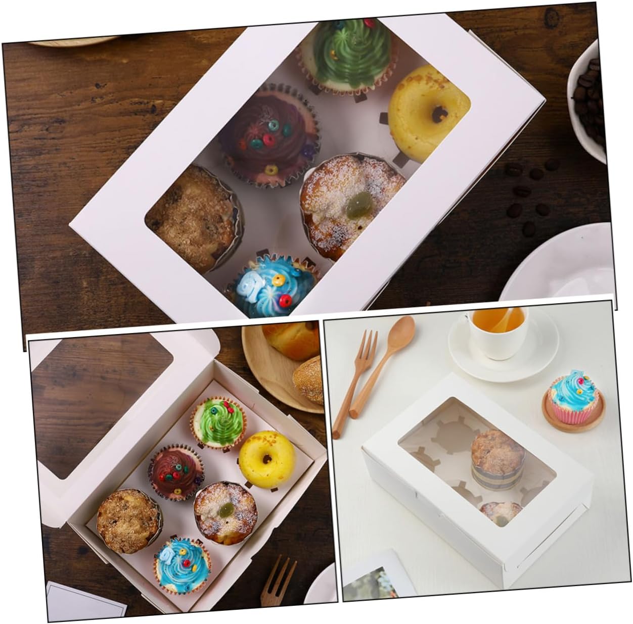 ARTIBETTER 15pcs White Paper 6-cupcake Boxes with Window Muffin Storage Container Party Cupcake Carrier Bakery Food Storage Organizer