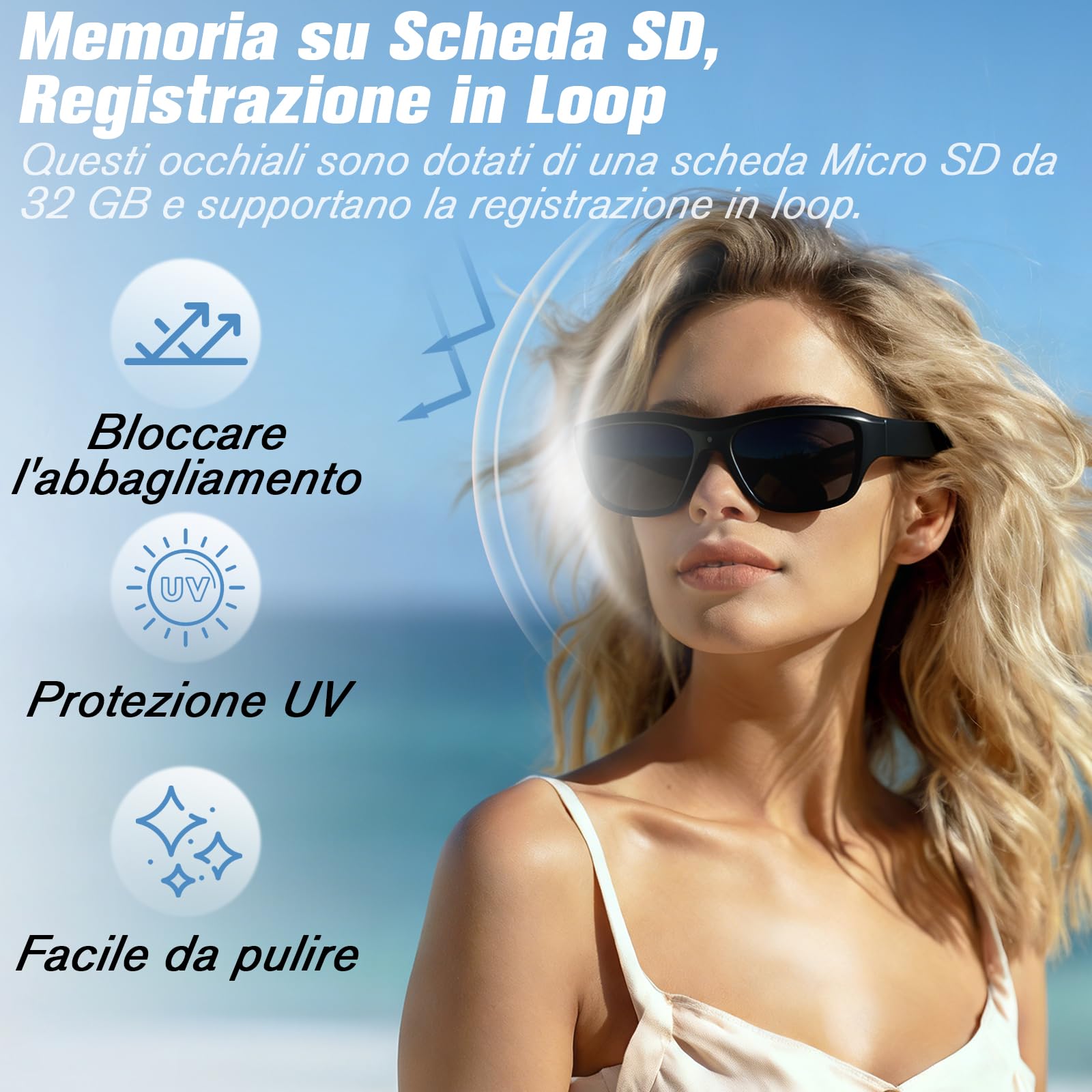 Telecamera Spia Occhiali da Sole, 32GB Mini Telecamera Nascosta Bicchieri 1080P HD, Action Cam Sport Occhiali Fotocamera per Attività Outdoor Sport Esterni Protezione UV
