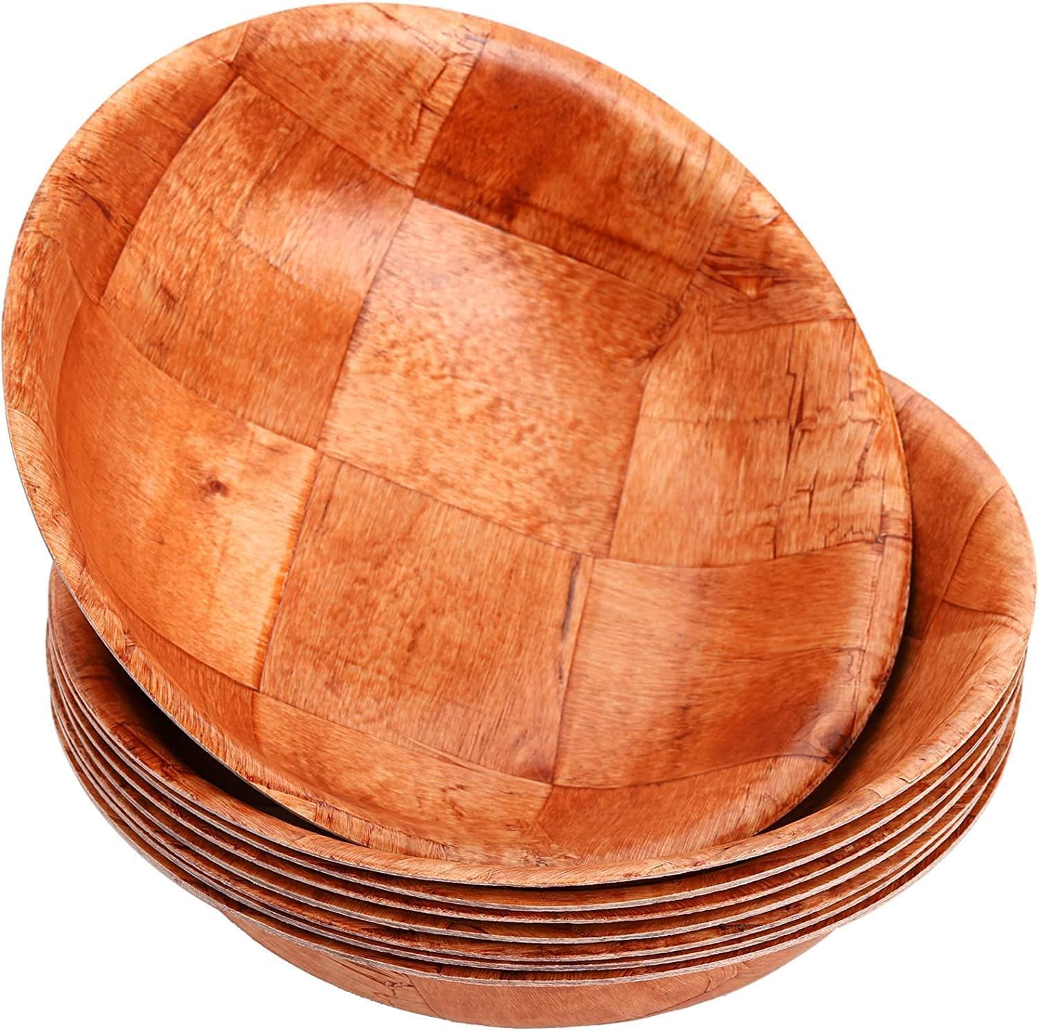8 Pack Wooden Woven Salad Bowl, 8 Inch Stackable Hardwood Serving Bowls, Rustic Mixing Bowl for Salad, Snack, Fruit, Vegetables, Chips, or Candy - 8”x 2”, Natural Birch Woo