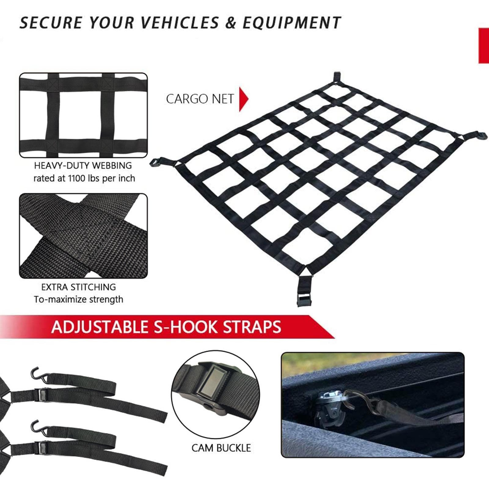 Red elástica para carga | Red de carga extensible y resistente – Red de | almacenamiento de maletero elástica ajustable con 4 cinturones fijos para SUV, coches y camiones