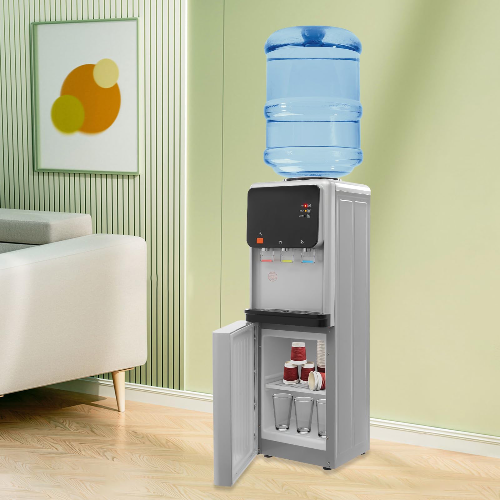 Wasserspender Oben beladen Heiß Kalt 3-Fach mit Staufach 500W Standgerät | ABS/Edelstahl, 3 Temperaturen (kalt/warm/heiß), 500W Heizung, 75W Kühlung, 19L Wasserflasche, Kindersicherung & Staufach