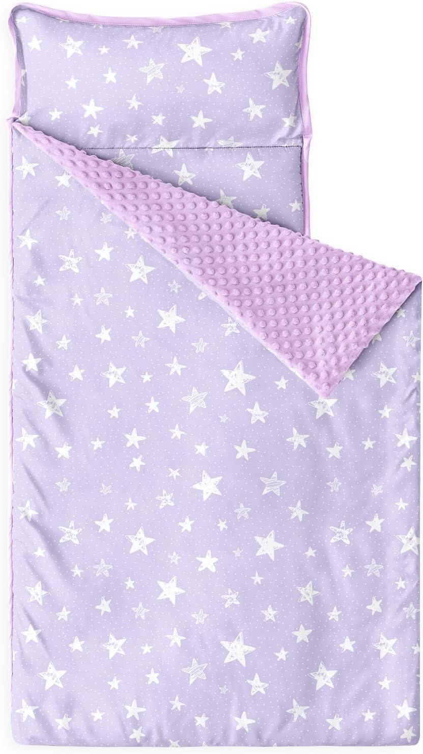 Wake In Cloud - Toddler Nap Mat with Pillow and Minky Fleece Blanket, for Kids Boys Girls in Daycare Preschool Kindergarten, Roll Up Sleeping Bag, Cute Star Polka Dot