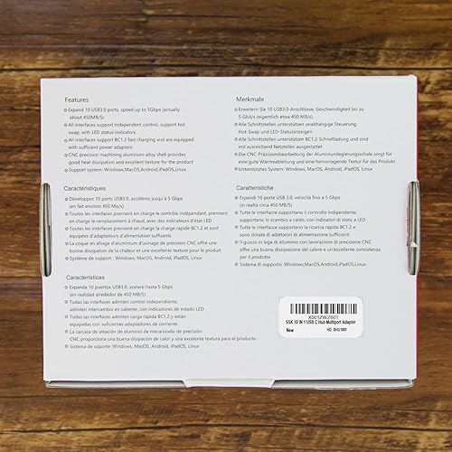 Miniatura 9 de SSK Hub USB 3.0 alimentado por 10 puertos, concentrador de carga USB de aluminio de 60 W con adaptador de corriente DC 12V5A, soporta carga rápida