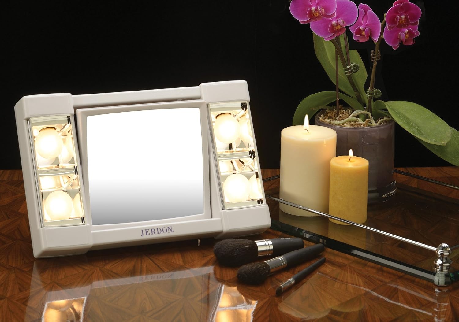 JERDON Two-Sided Makeup Mirror with Lights - Vanity Mirror with 3X Magnification & Glare-Free Lighting - White Base - Model J1010