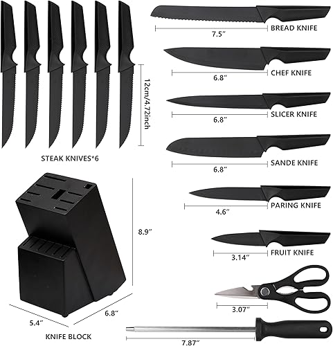Miniatura 2 de Juego de cuchillos de cocina de acero inoxidable alemán de 14 piezas, color negro, apto para lavavajillas, afilador de cuchillos integrado con