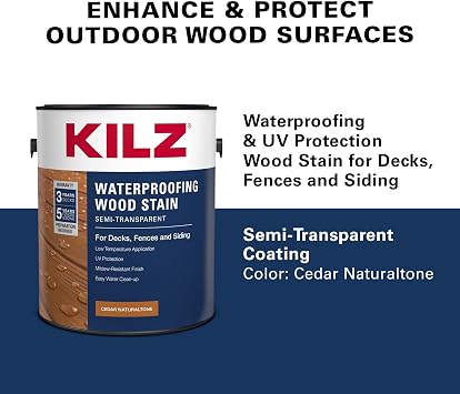 KILZ Waterproofing Semi-Transparent Wood Stain, Cedar Naturaltone, 1-Gallon, UV Protection for Decks, Fences, Siding & Outdoor Furniture