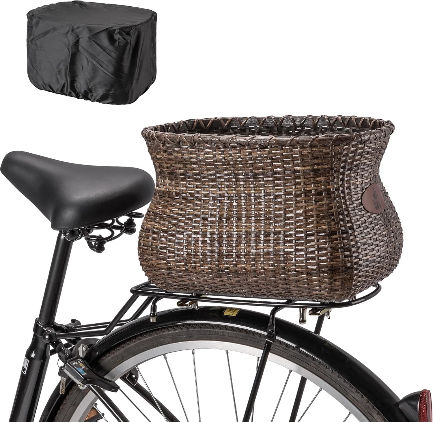 Bicycle Basket - Handmade Rattan Rear Bicycle Basket Large & Removable Pannier Rack Basket with Waterproof Cover Retro Design for Women E-Bikes & Adult Bikes