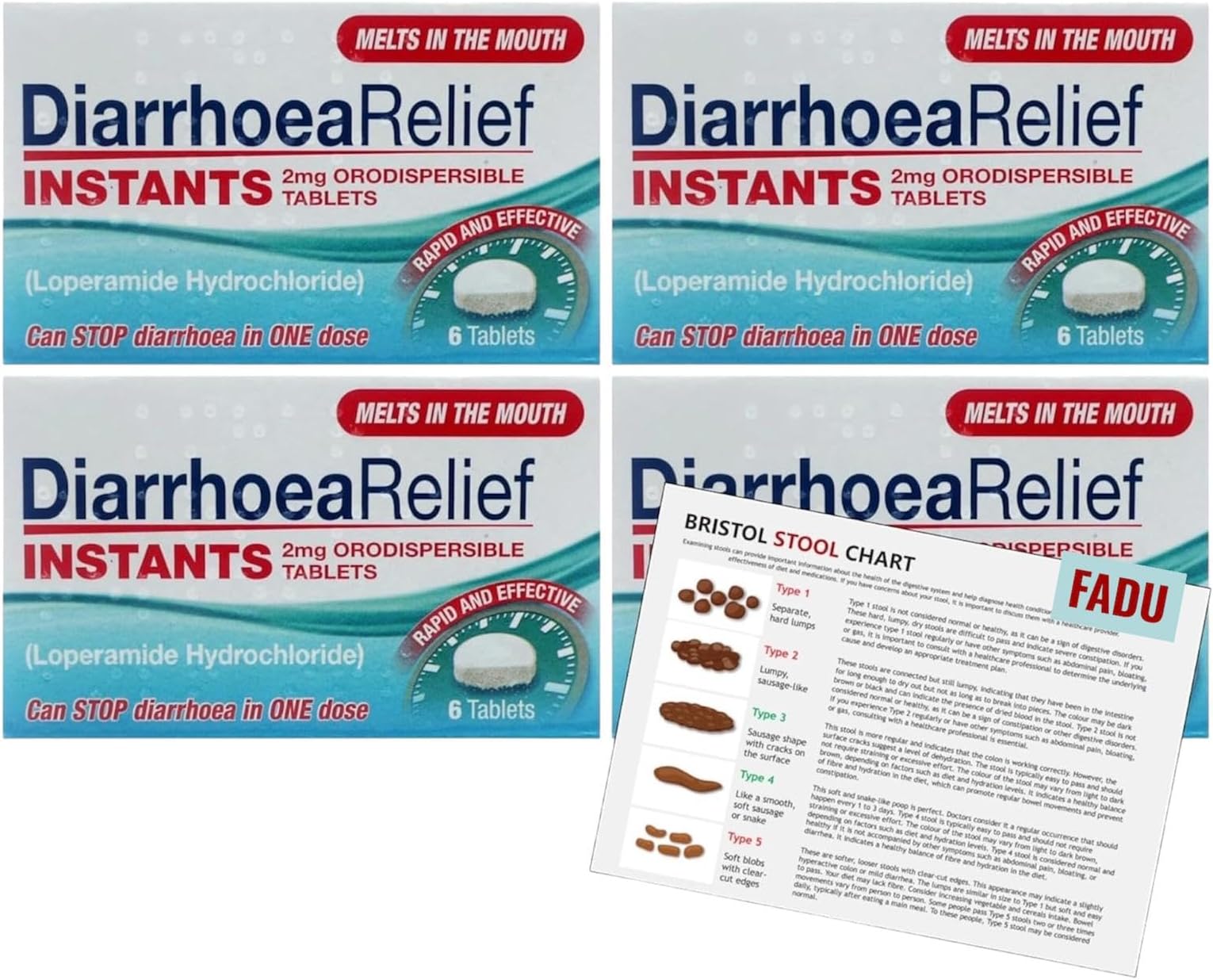 Instant Anti Diarrhea Tablets for Adults - 4 x 6s (24) Bundle with a Fadu Colour Stool Chart