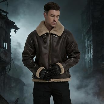 Mens Fur Outdoor Jacket Leather Bomber Shearling Cosplay Coat Brown