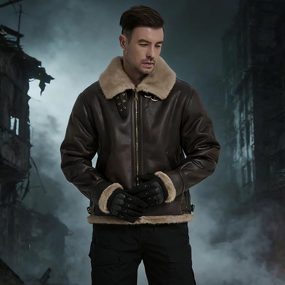 Mens Fur Outdoor Jacket Leather Bomber Shearling Cosplay Coat Brown