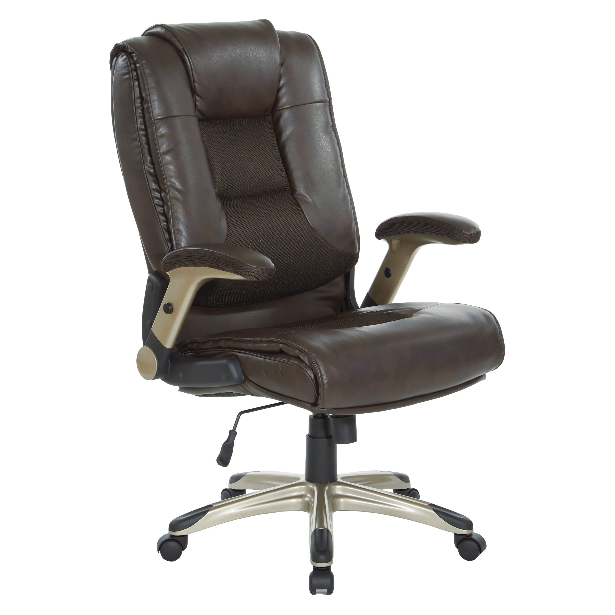 Office Star ProductsECH Series Executive Bonded Leather Chair with Built-in Lumbar Support and Padded Flip Arms, Espresso with Cocoa Coated Base