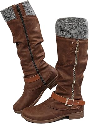 GUNIYIFS Womens Wide Calf Knee High Boots,Chunky Heel Winter Boots for Women Low Stacked Heel Riding Boots,Side Zipper Vintage Ruched Comfortable Mid-Calf Boots