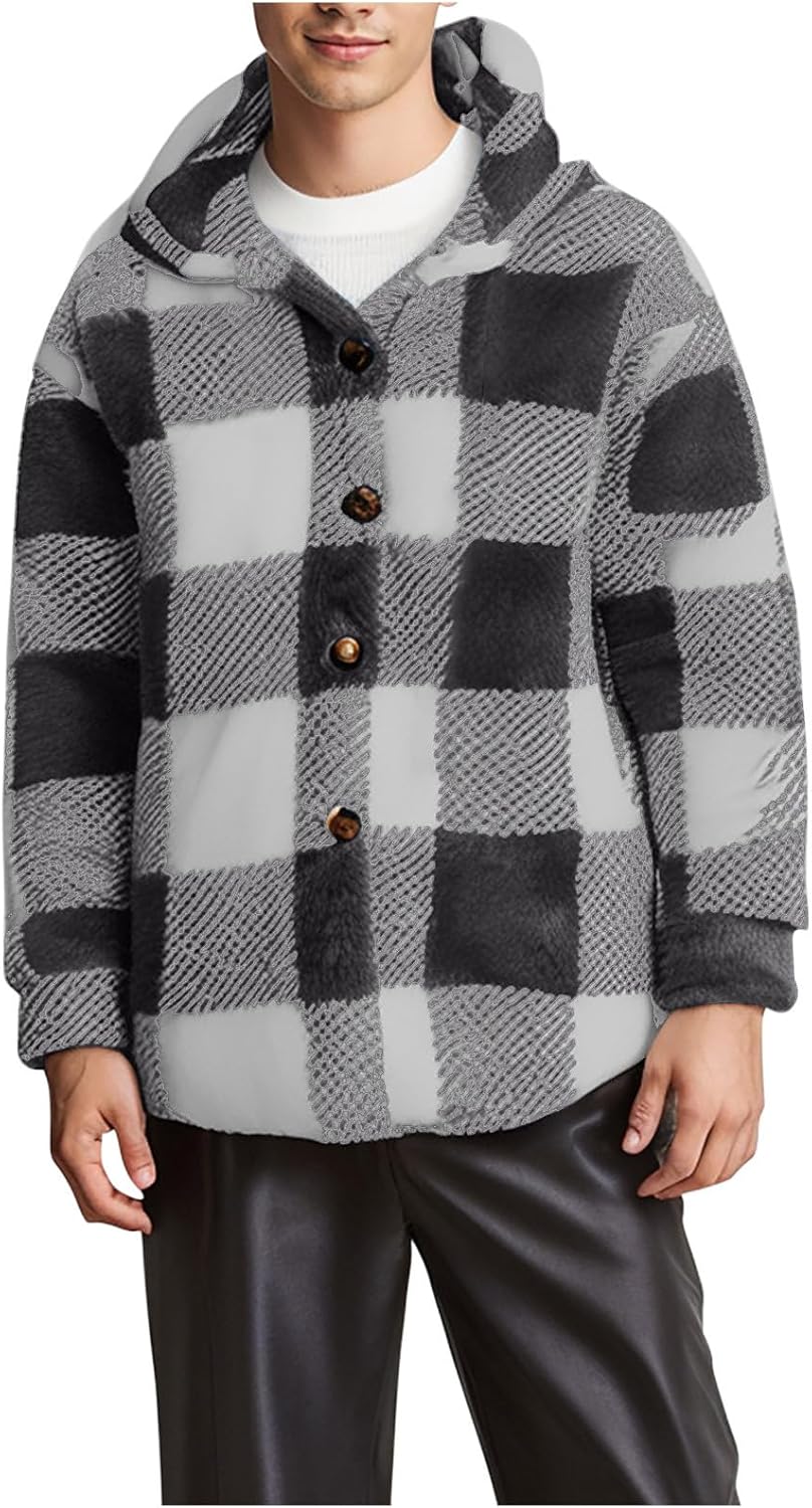 Mens Sherpa Lined Plaid Flannel Button Up Jacket Fall Winter Fleece Coat Warm Casual Shirt Jackets with Pockets