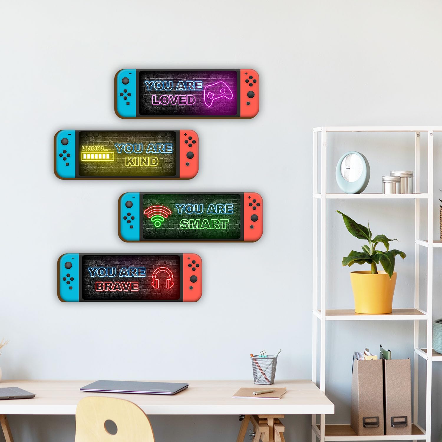 4 Pcs Printed Neon Gaming Wooden Wall Sign, Video Game Wall Decor, Inspirational Quotes Hanging Plaques Wall Sign, Teenager Gift for Kids Room Bedroom Nursery Play Room Classroom 3