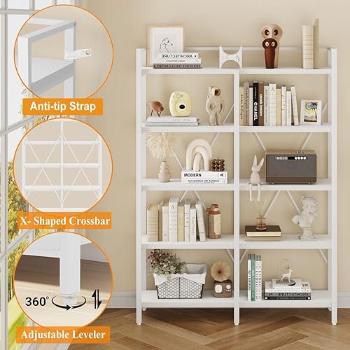 Miniatura 5 de FATORRI Estantería moderna de 5 niveles, estantería Etagere de madera, estante alto de metal con estantería abierta grande (roble blanco, 51