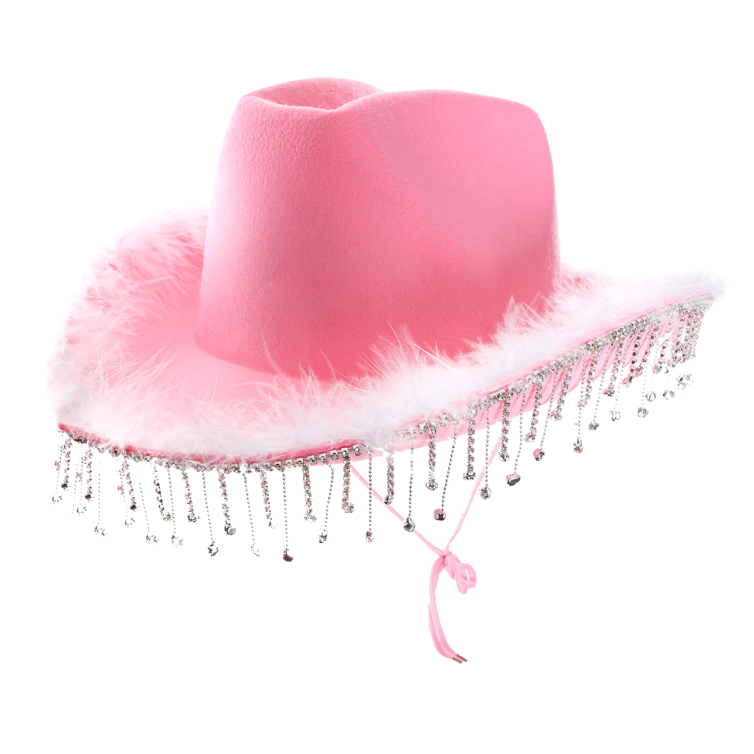 Pink Cowgirl Hat with Sparkling Diamantés and Fluffy Marabou Trim – Glam Western Fancy Dress Accessory for Hen Parties, Festivals, Rodeos and Themed Nights Out