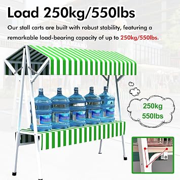 SRNSAEB 120cm 150cm Foldable Street Food Cart with Awning/Tablecloth, Market Stall Display Stand Portable/Selling Booth, Farmers Market Kiosk for Events/Promotions/Advertisements(White,60cmx130cm)