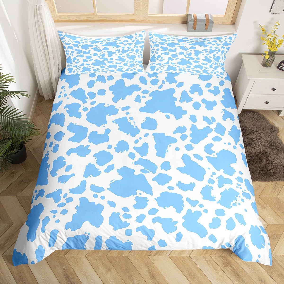 Feelyou Cow Print Duvet Cover Twin Size Kids Blue White Comforter Cover Set for Boys Girls Teens Cartoon Milk Cow Bedding Set Breathable Animal Bedspread Cover Farmhouse Quilt Cover