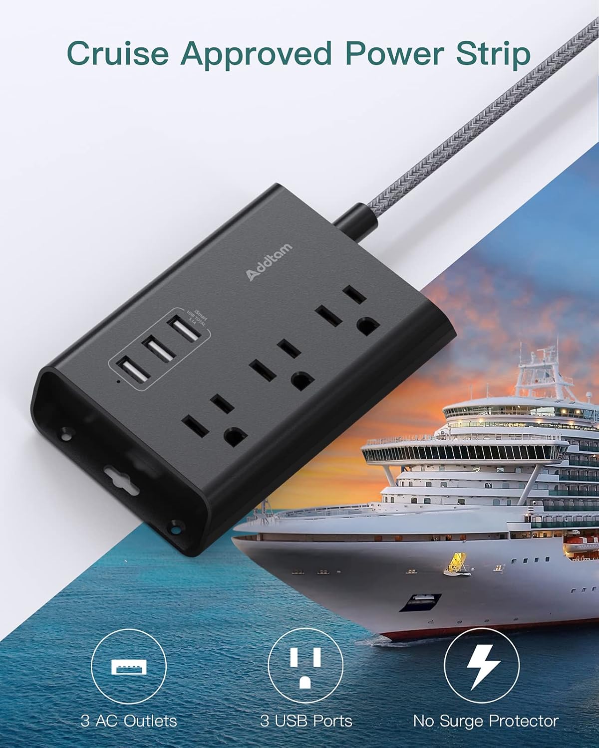 Addtam Power Strip ETL Certificate Flat Plug Extension Cord with 3 USB Ports, 5 Feet Braided Cord, Desktop Small Travel Power Strip for Cruise Ship, Home, Office Black