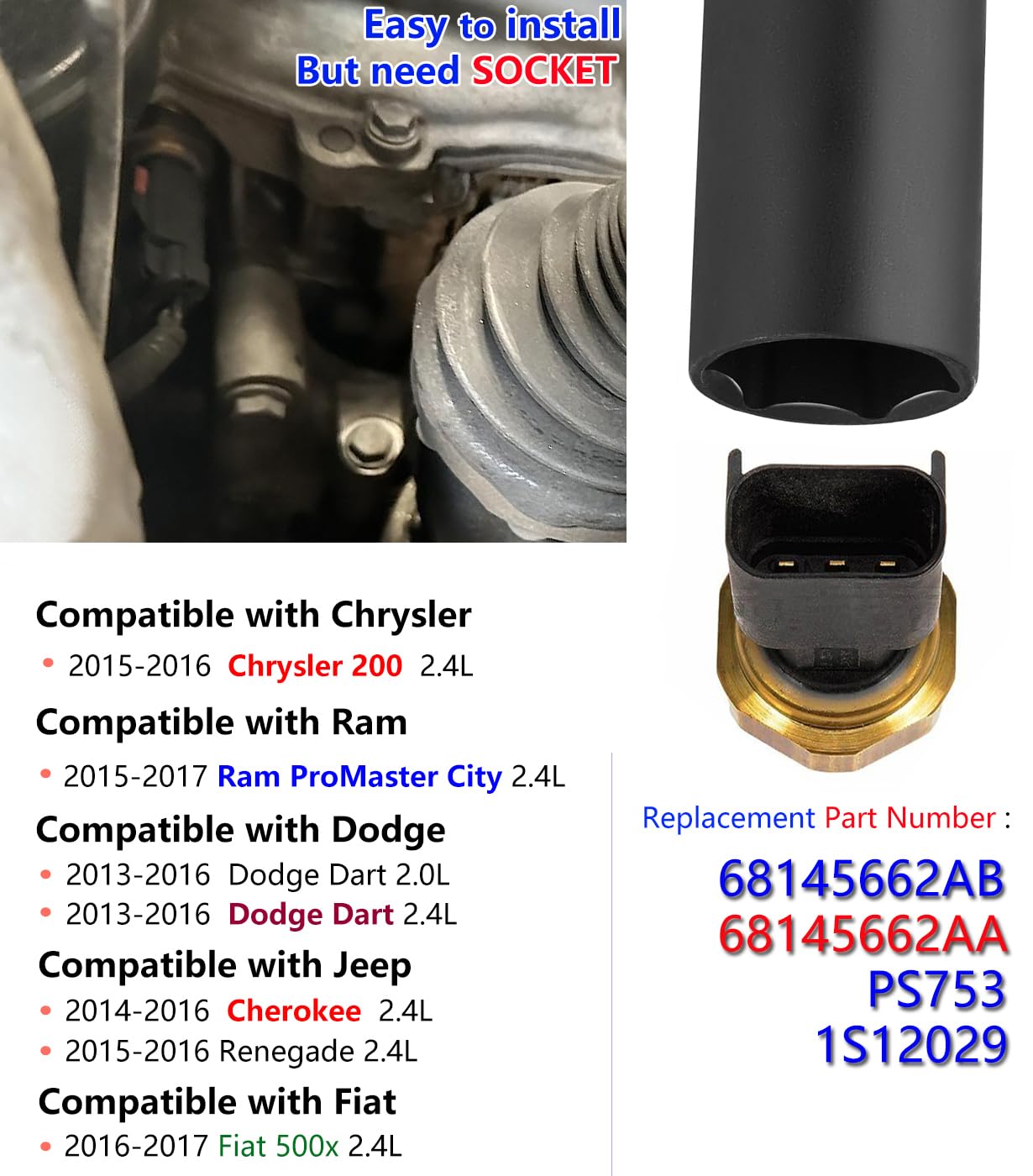 Oil Pressure Sensor for Dodge, Jeep, Chrysler, Ram,Cherokee, Oil Sending Unit, Engine Oil Pressure Sensor Sender Switch