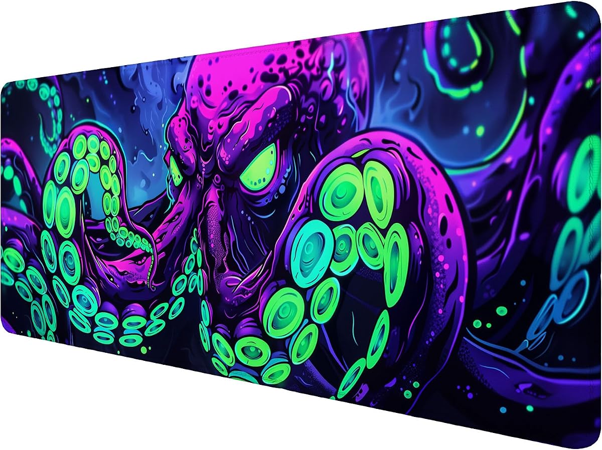 Alfombrilla de ratón para juegos con diseño de pulpo, color neón Cthulhu Monster Cool XL, alfombrilla de ratón grande, alfombrilla extendida para teclado de ordenador portátil, alfombrilla de escritorio para juegos, alfombrilla de ratón, teclado de oficina, ordenador portátil, hogar, 31,5 x 11,8 pulgadas