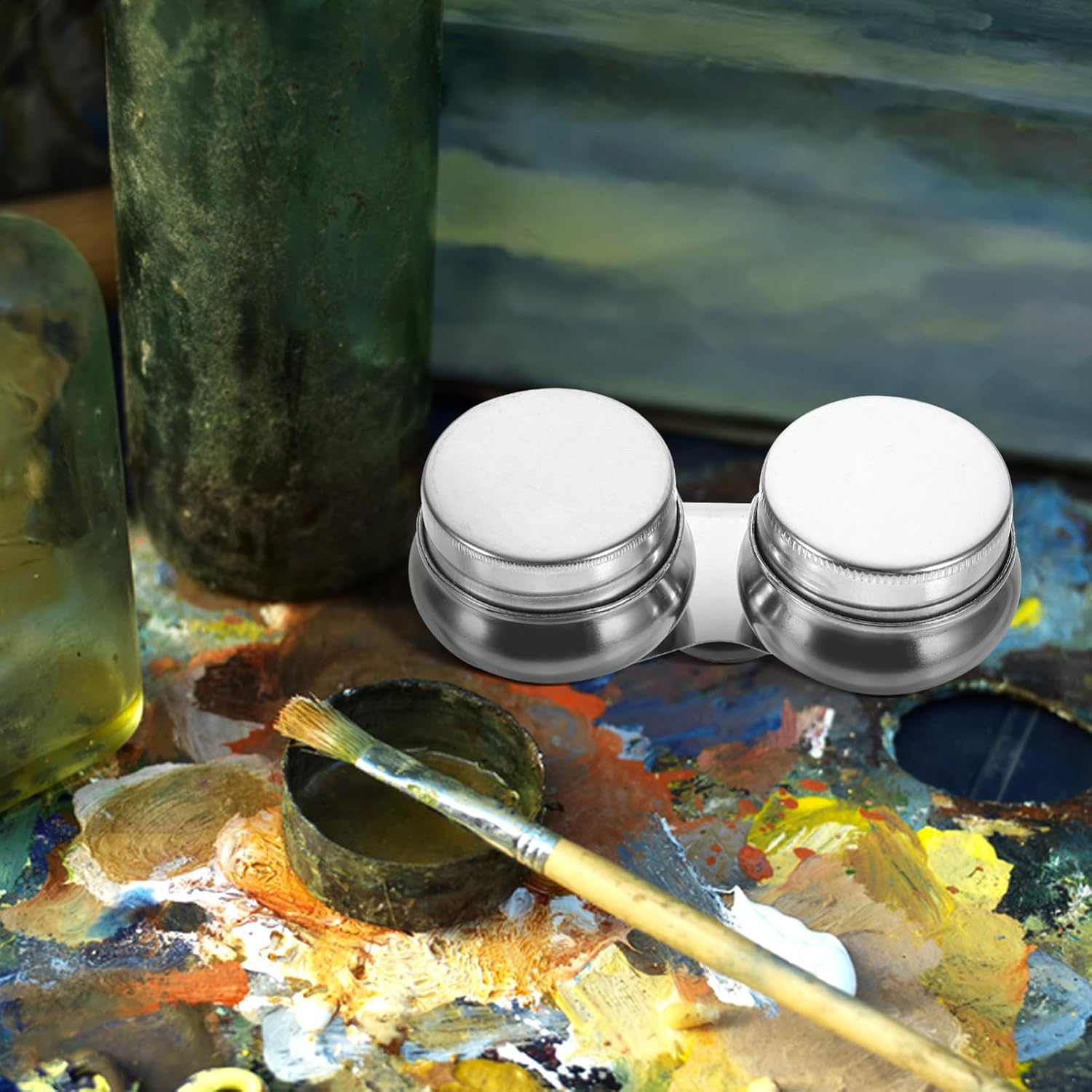 2pcs Stainless Steel Oil Palette Cup Compact Painting Containers with Sealed Lid for Easy Mixing and Cleaning for Oil and Watercolor Artists