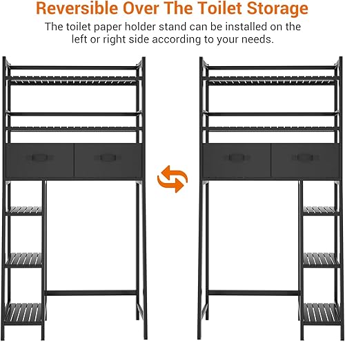 Miniatura 6 de Homykic Estante de almacenamiento sobre el inodoro con 2 cajones de tela, organizador de bambú sobre el inodoro con soporte para papel higiénico,