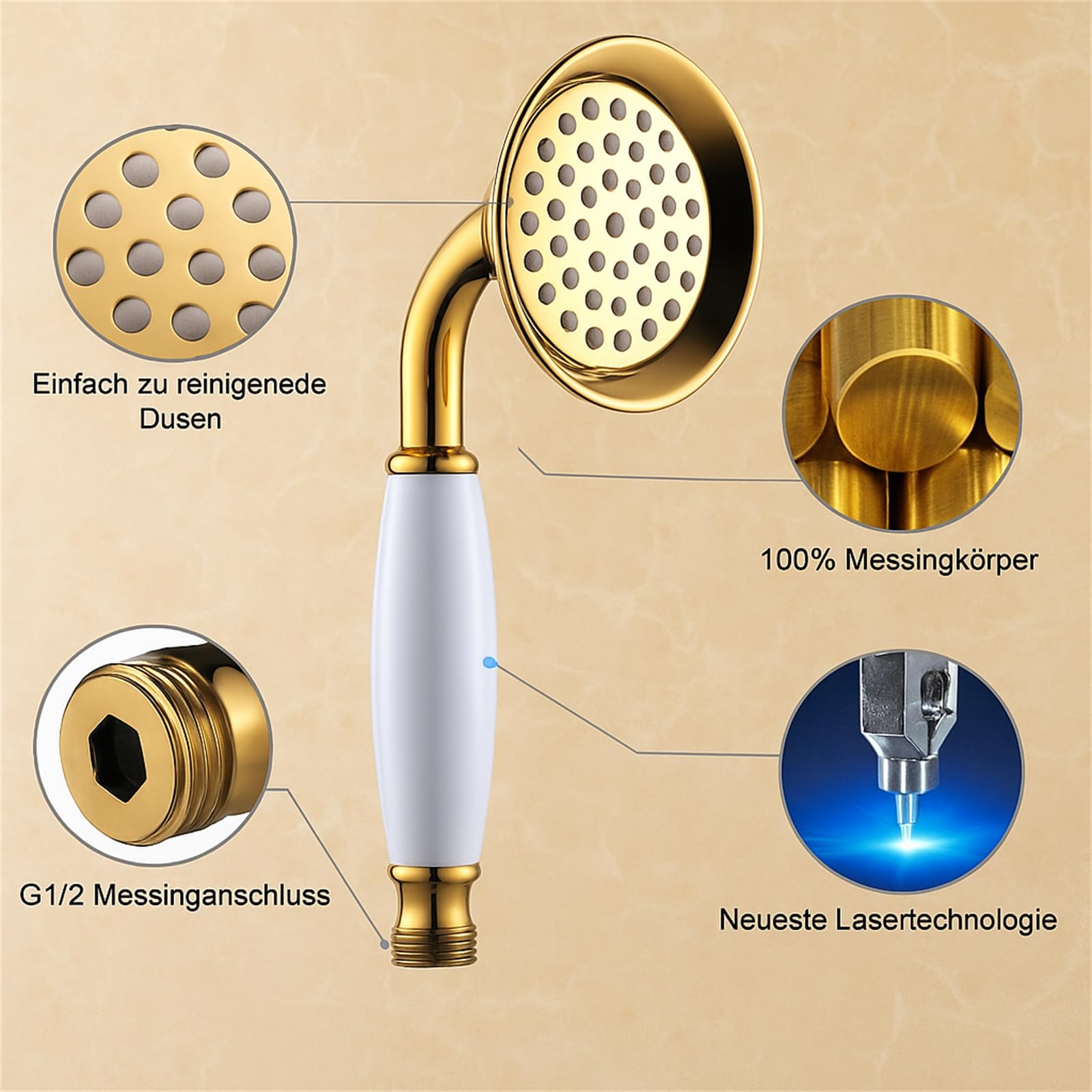 Handbrause Mit 5 Funktionen & Höhenverstellbarer Gleitstange – Wasser Sparend, Rostfrei, Inkl. Schlauch