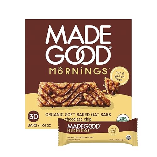 MadeGood Mornings - Barras de desayuno suaves horneadas, chispas de chocolate, 1.06 onzas (30 unidades) aperitivos sin gluten