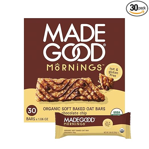 MadeGood Mornings Soft Baked Breakfast Bars, Chocolate Chip, 1.06 Oz (30 Count) Gluten Free Snacks